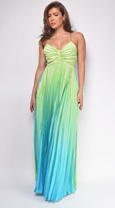 Andora Blue Green Multi Color Pleated Ombre Maxi Dress